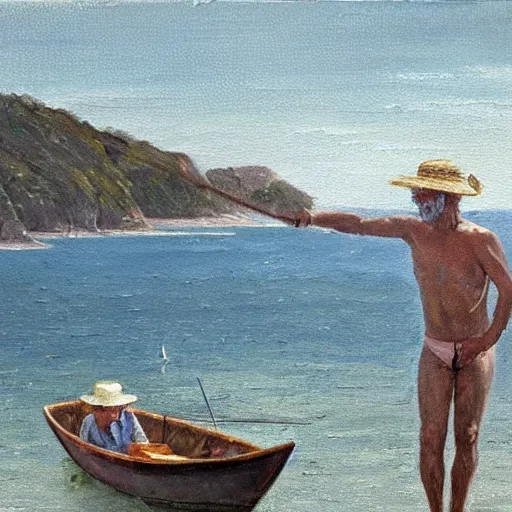 Image similar to old, skinny man with short gray beard, in straw hat, white shirt, swimming through ocean in medium fishing boat with small mast, from a distance, morning, scene from 1 9 5 2, oil painting, realism