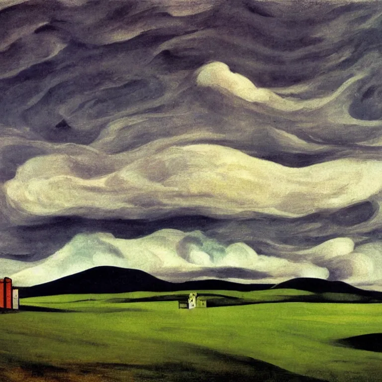 Image similar to dramatic landscape of donegal ireland after the storm, mammatus clouds and lenticular clouds, by edward hopper and giorgio de chirico