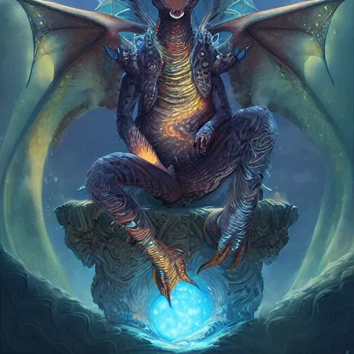 Image similar to a hyperrealistic illustration of a cute dragon that glows in the dark, mountains with fractal moonlight, little dragon with glowing scales, award - winning, masterpiece, in the style of tom bagshaw, cedric peyravernay, peter mohrbacher