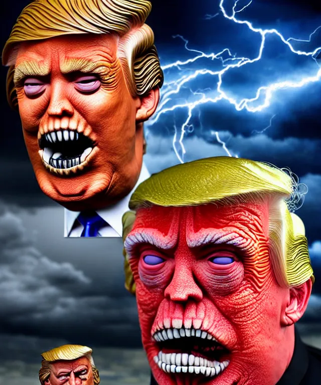 Image similar to hyperrealistic rendering, epic boss battle, cronenberg flesh monster donald trump, by art of skinner and richard corben, product photography, collectible action figure, sofubi, hottoys, storm clouds, outside, lightning