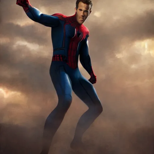 Image similar to ryan reynolds as spider - man, wearing a black and blue suit, cinematic, volumetric lighting, f 8 aperture, cinematic eastman 5 3 8 4 film, photorealistic by greg rutkowski, by stanley artgerm, by alphonse mucha