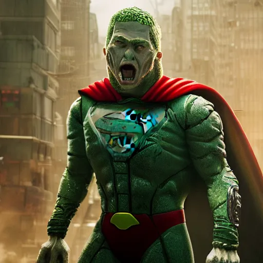 Image similar to pickle rick as superman! flying in ( gears of war ), splash art, movie still, detailed face, photorealistic facial features, cinematic lighting, dramatic, octane render, long lens, shallow depth of field, bokeh, anamorphic lens flare, 8 k, hyper detailed, 3 5 mm film grain