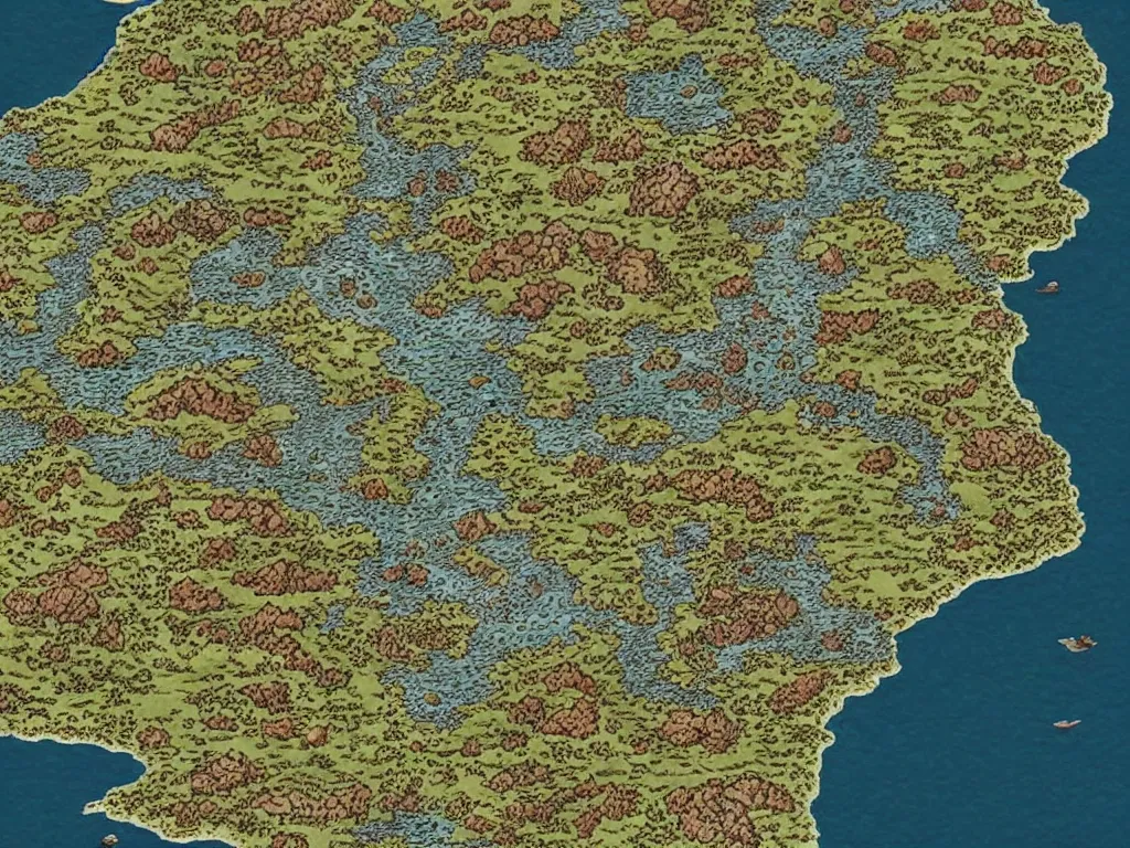 Prompt: an isometric fantasy map of an island, the land of Odrua, uncluttered, bordered by ocean, continent with open plains, plains, flatland, pastures, badlands, rock formations, deserts, fields, mountains lakes hills and cities, forests, ice caps, rivers, swamps, grasslands, by brian froud by jrr tolkien in the dungeons and dragons and disney styles