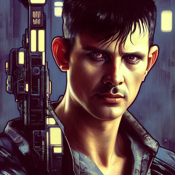 Image similar to excellent painted portrait of a replicant sanitation worker from blade runner (1982), cyberpunk blade runner art, character artwork, 8k resolution artwork, trending on artstation, detailed oil painting portrait, art by artgerm and greg rutkowski and alphonse mucha and craig mullins and James Jean and Andrei Riabovitchev and Marc Simonetti and peter mohrbacher, matte painting