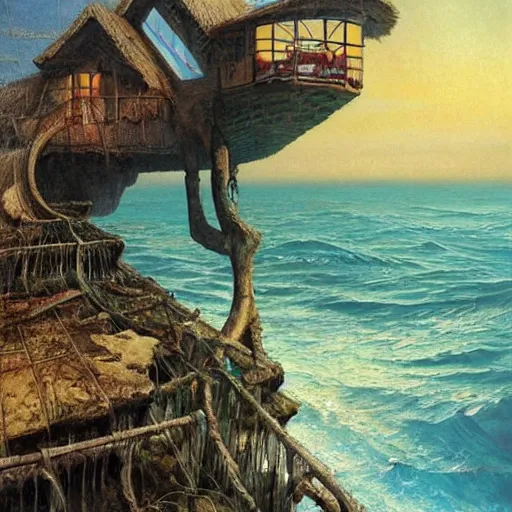 Prompt: a single house on an island in the sea, art by karol bak