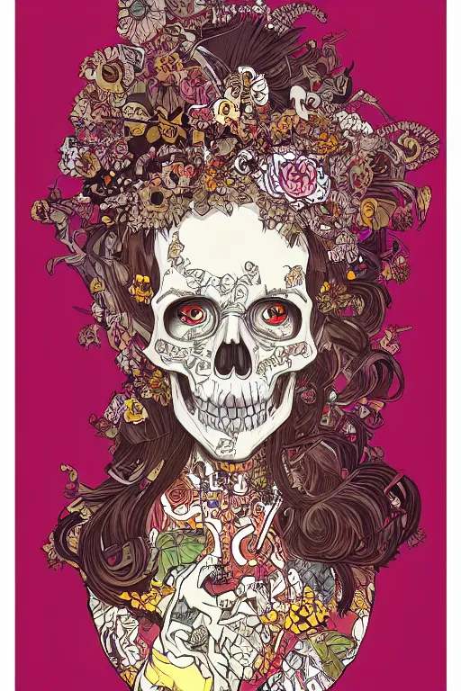 Prompt: skull portrait girl female skeleton illustration detailed patterns art of thai traditional dress, pop art, splash painting, art by geof darrow, ashley wood, alphonse mucha, makoto shinkai