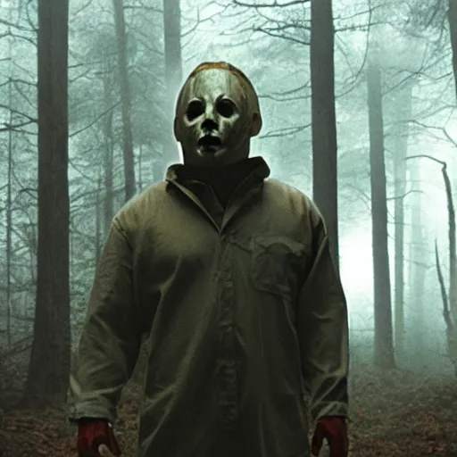 Image similar to He still image of Michael Myers in the woods foggy very detailed 4K quality super realistic