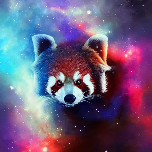 Prompt: geometric red panda with galaxy eyes in space, nebula in the background, intricate, elegant, highly detailed, digital painting, artstation, concept art, smooth, sharp focus, illustration, art by artgerm