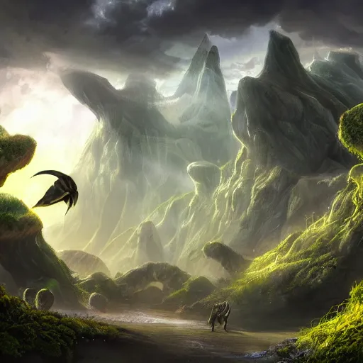 Image similar to photorealistic fantasy concept art of an unknown alien landscape, with its own creatures and fauna, dynamic lighting, realism, stunning visuals, beautiful scenery,mysterious scenery