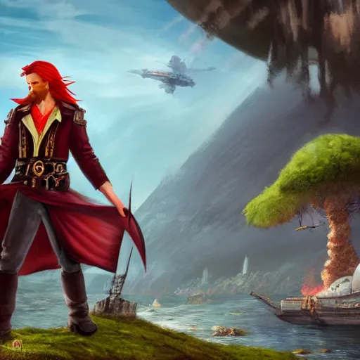 Prompt: male sky-pirate with long red hair standing in front of an airship, high detail face, realistic, ultra detailed, shallow focus, forest, mountains in the background concept art design as if designed by Wētā Workshop