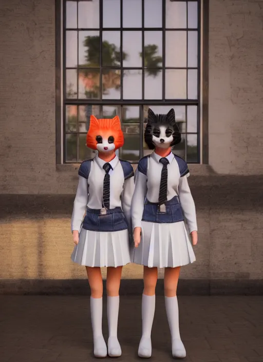 Image similar to schoolgirls selling plastic cats, photorealistic, canon r 3, symmetry, octane render, unreal engine, dramatic lights