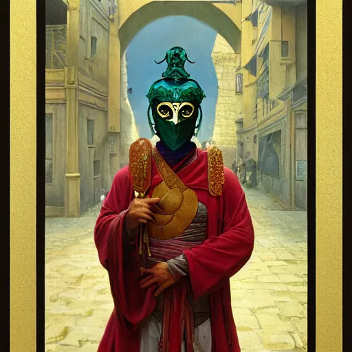 Image similar to portrait of masked Byzantine Tang Dynasty dancer on the art deco streets of the Undying Empire city of ya-Sattra during the Festival of Masks, award-winning realistic sci-fi concept art by Beksinski, Bruegel, Greg Rutkowski, Alphonse Mucha, and Yoshitaka Amano