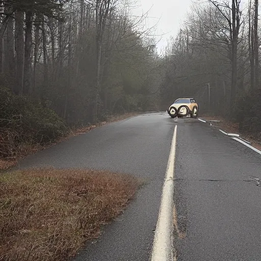 Prompt: The headlights of the car directly illuminated the entrance sign to the town. The vehicle, stopped at the side of the road, was barely visible under the blanket of darkness that the trees unfolded around it.