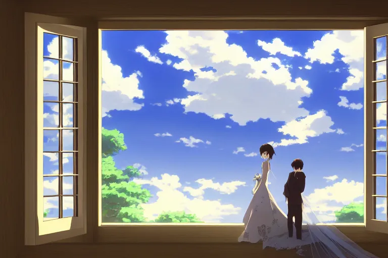 Prompt: a beautiful detailed picture of window, a bride and a groom, sky, by makoto shinkai