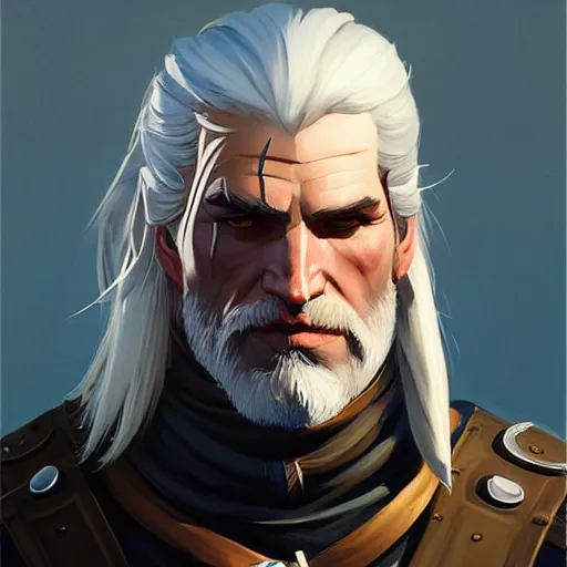 Prompt: Greg Manchess portrait painting of Geralt of Riva as Overwatch character, medium shot, asymmetrical, profile picture, Organic Painting, sunny day, Matte Painting, bold shapes, hard edges, street art, trending on artstation, by Huang Guangjian and Gil Elvgren and Sachin Teng