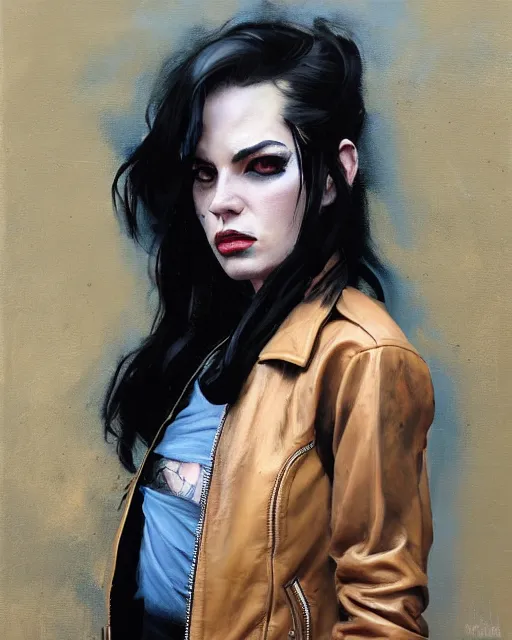 Prompt: greg manchess portrait painting of a punk woman in a leather bomber jacket, medium shot, asymmetrical, profile picture, organic painting, rainy night, matte painting, bold shapes, hard edges, street art, trending on artstation, by huang guangjian and gil elvgren and sachin teng