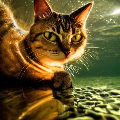 Image similar to cat wearing diving suit swimming in a river, 8k photograph, cat photography