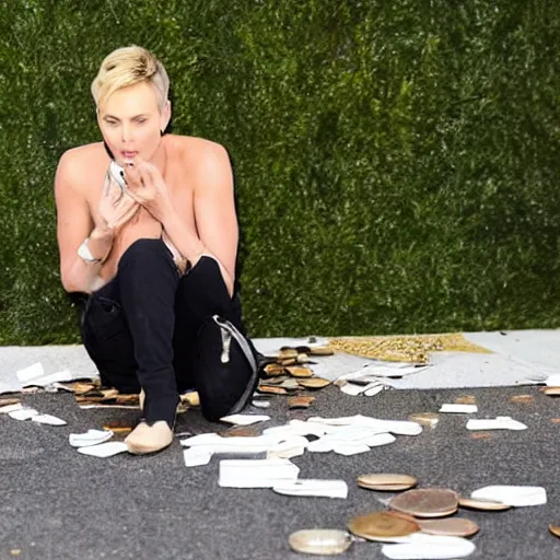 Prompt: photo of charlize theron dropping a pile of loose change out of her purse and all over the ground.