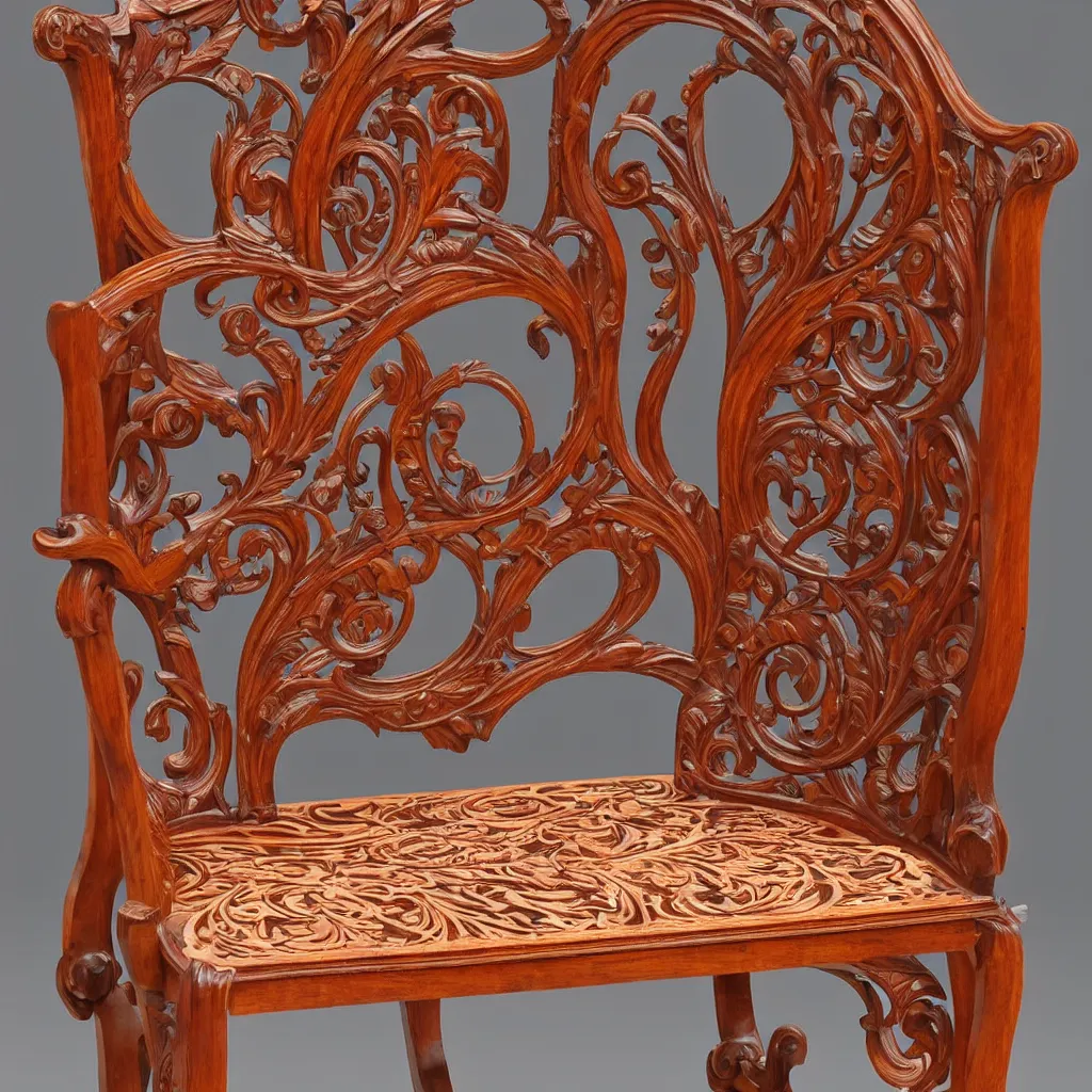 Image similar to a 3 d wooden mahogany art nouveau carved sculptural chair with a delicate multi - layer tracery pattern, intricate and highly detailed, well - lit, ornate, realistic, polished with visible wood grain