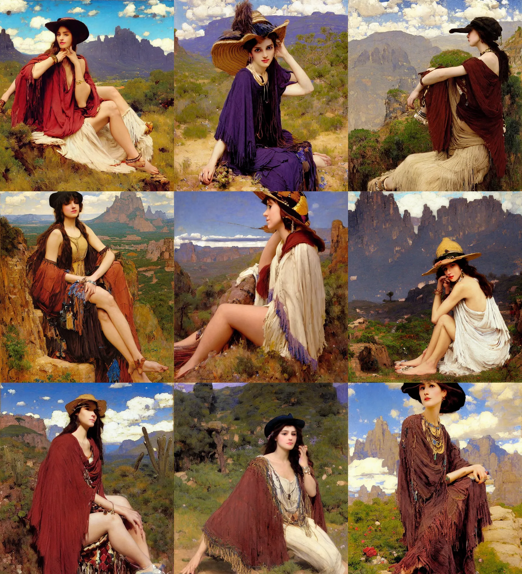 Prompt: portrait of fashionable young woman wearing rich jewerly hat and boho poncho in nature mountains and desert, sitting dynamic pose, relax, thunder clouds in the sky, artwork by john william waterhouse and Edwin Longsden Long and Theodore Ralli and Henryk Siemiradzki, Frank Frazetta, rhads, Denis Sarazhin, klimt, Dean Ellis, Detmold Charles Maurice levitation, industrial rusty pipes, simple form, brutal shapes