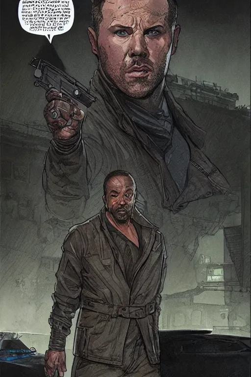 Image similar to vernon. Blade runner 2049 mercenary. concept art by James Gurney and Mœbius.