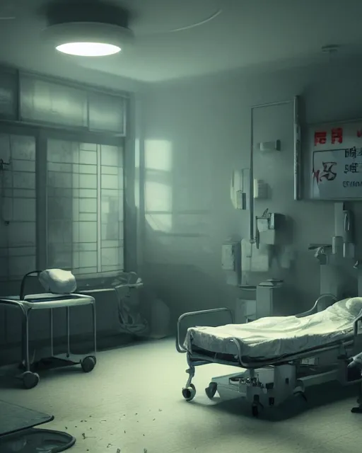 Image similar to artstation scifi scene of a shabby chinese hospital ward, big fan ， dust ， a bunch of light on a business card, bed, wheelchair, window, bedside table, paneled walls, unreal engine 5, hyper realism, realistic shading, cinematic composition, blender render, octane render, hdr, detailed textures, photorealistic, wide shot