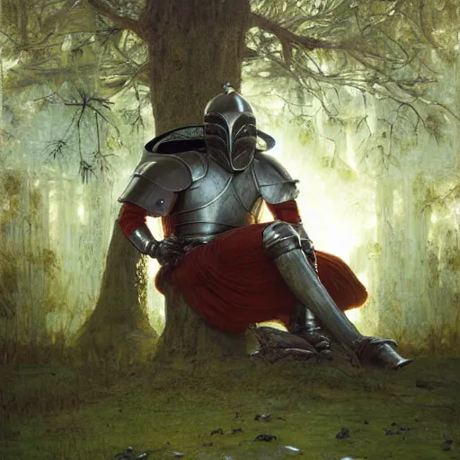 Prompt: knight wearing sallet helmet sitting against tree by a campfire at night, digital art, by Fernanda Suarez and and Edgar Maxence and greg rutkowski