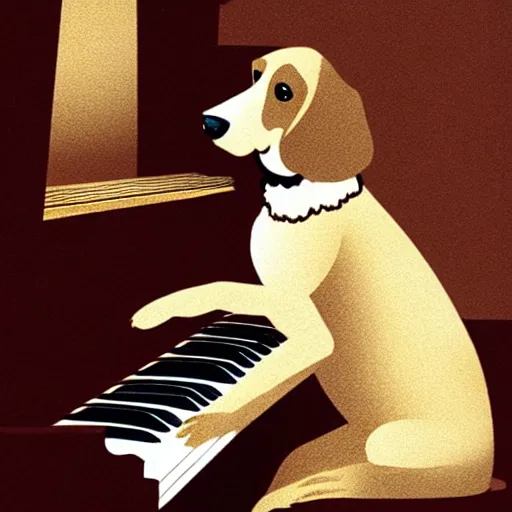 Image similar to a brown spaniel with a white chest , sat down playing a grand piano.modern. book illustration, lighting. Artwork. no text