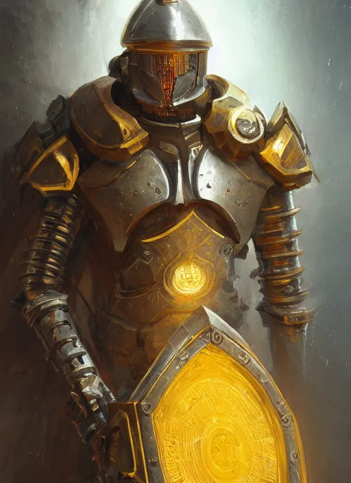 Image similar to dynamic portrait of a intricate glorious holy mechanical warforged character in yellow armor holding a paladin engraved great longsword and carrying a big paladin shield, spotlight from face , epic , trending on ArtStation, masterpiece, cinematic lighting, by Greg Rutkowski and by John Salminen and by Jackson Pollock and by Marc Simonetti