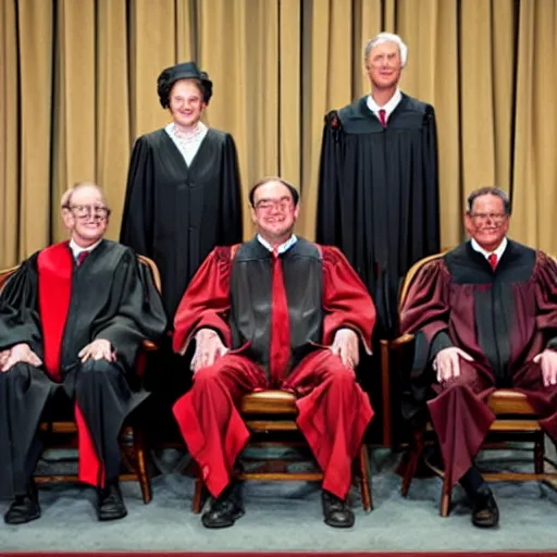 Image similar to 6 Clowns sitting with 3 Justices on the Supreme Court, photorealistic