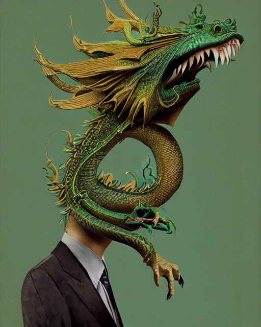 Image similar to anthropomorphic art of a businessman dragon, green dragon, portrait, 1 9 8 0 s business fashion, victo ngai, ryohei hase, artstation. fractal papers, newspaper. stock certificate, highly detailed digital painting, smooth, global illumination, fantasy art, jc leyendecker