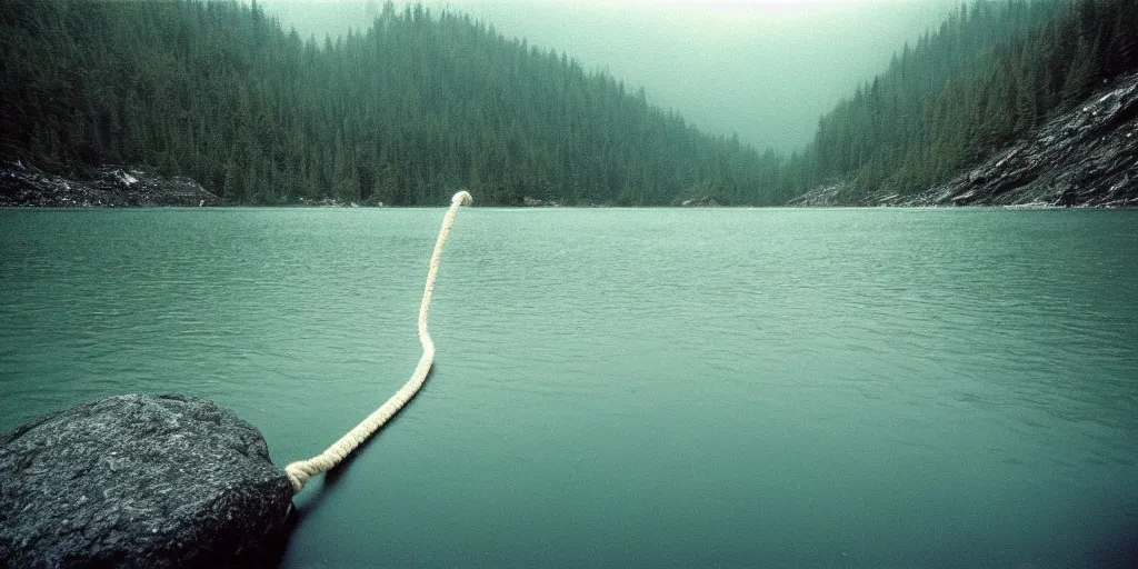 Prompt: rope in the water, in the middle of a rocky lake, eerie vibe, leica, 2 4 mm lens, cinematic screenshot from the 2 0 0 1 film directed by charlie kaufman, kodak color film stock, f / 2 2, 2 4 mm wide angle anamorphic