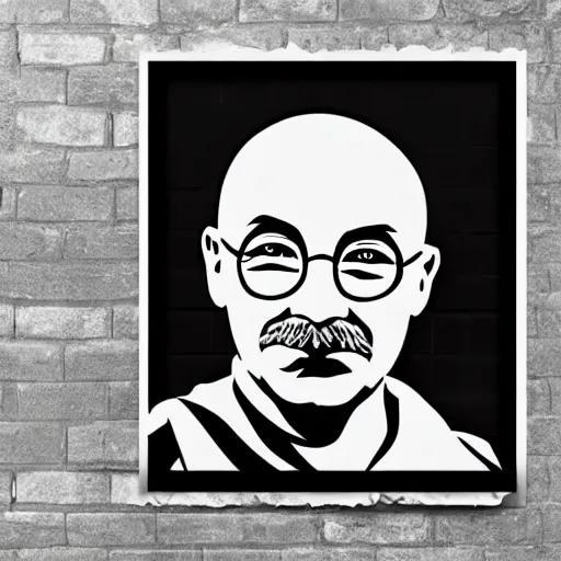 Image similar to propaganda posters of ghandi, evil, 4 k, stapled to a colourless white brick wall