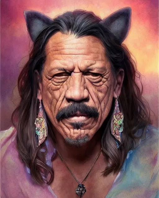 Prompt: danny trejo with a cat face, highly detailed, romantic storybook fantasy, soft cinematic lighting, award, disney concept art watercolor illustration by mandy jurgens and alphonse mucha and alena aenami, pastel color palette, featured on artstation
