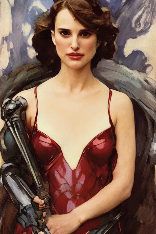 Image similar to elegant romantic portrait photo of natalie portman as iron man by greg manchess, mucha, william adolphe bouguereau, john singer sargent, sorolla, winslow homer, dean cornwell, james gurney, kilin eng, ilya repin, armor