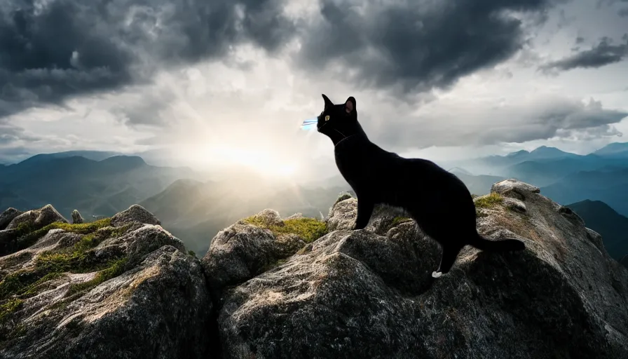 Image similar to a cat standing on the peak of a mountain range, looking up, realistic, epic lighting, epic composition, 4 k