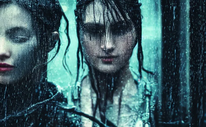 Image similar to cinestill 5 0 d candid photographic portrait by christopher nolan of two loving female androids wearing rugged black mesh techwear in treacherous waters, extreme closeup, modern cyberpunk retrofuturism moody emotional cinematic, pouring iridescent rain, 8 k, hd, high resolution, 3 5 mm, f / 3 2, ultra realistic faces, ex machina