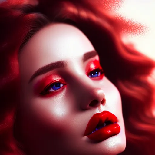 Image similar to hyperrealistic portrait of a women wearing thick red eyeliner with red lipstick, photorealistic, octane render, unreal engine, dynamic lighting, bet face, beautiful, wlop, cute, trending on artstation, fashion photography, volumetric lighting, very detailed faces, 4 k, award winning