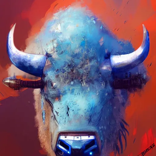 Image similar to self portrait of a robot buffalo with blue, white and red body armor, digital art, realistic, ultradetailed, concept art, art by greg rutkowski, trending on artstation, devianart, cgsociety