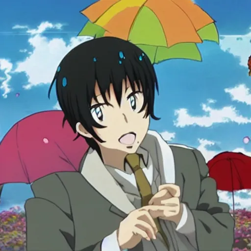 Image similar to a screen capture from an anime of a man, extremely excited about raining candy