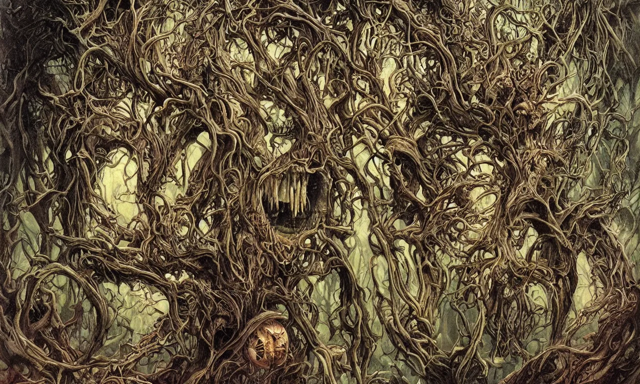 Image similar to hyperdetailed art nouveau portrait of treebeard as a chimera eyeball skull dragon monster, by micheal whelan, simon bisley and bill sienkiewicz, grim yet sparkling atmosphere, photorealism, thorns, claws, teeth, fangs, night in the forest, wild, crazy, scary, horror, lynn varley, lovern kindzierski, steve oliff