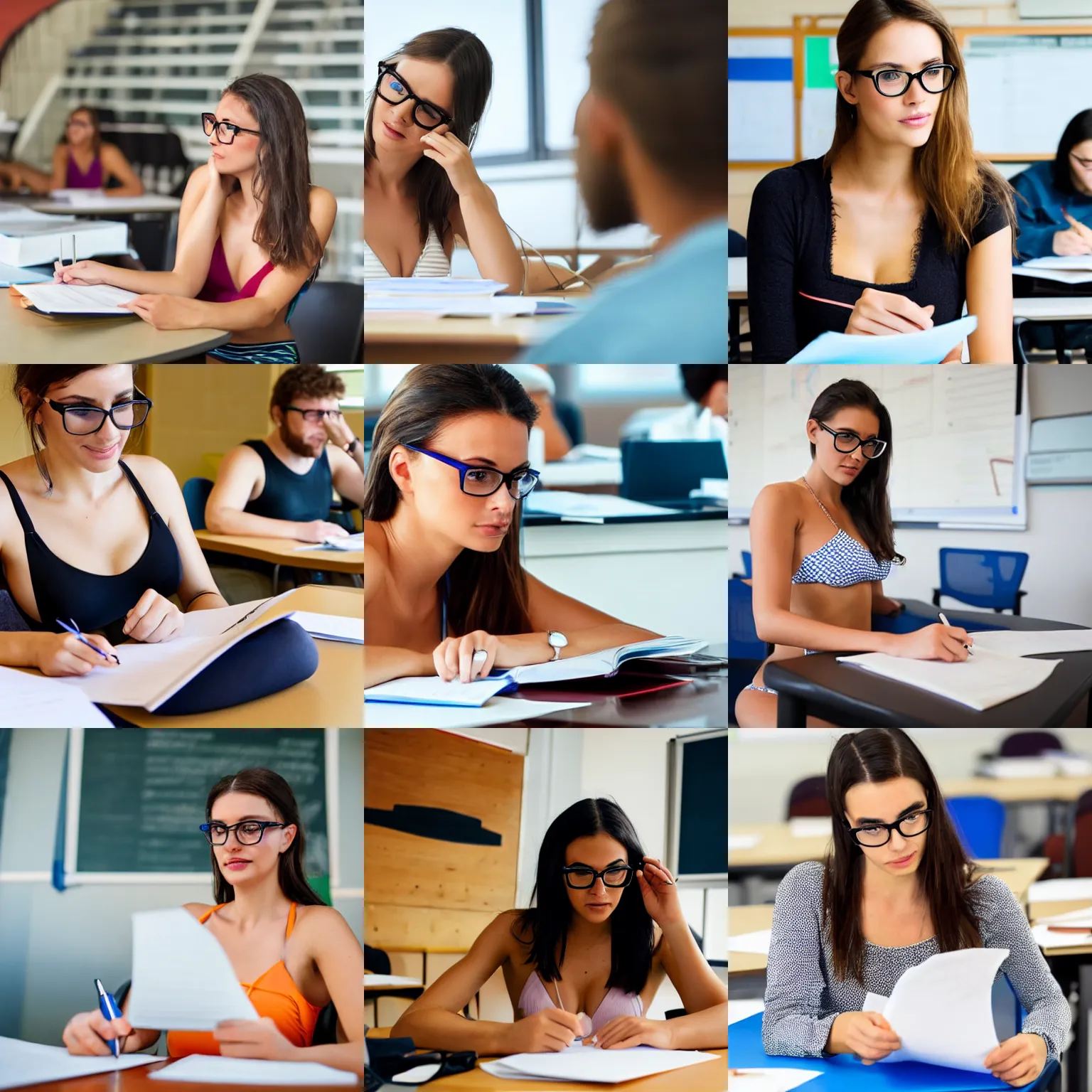 Prompt: a beautiful woman in bikini with glasses reviewing student exams in a college classroom