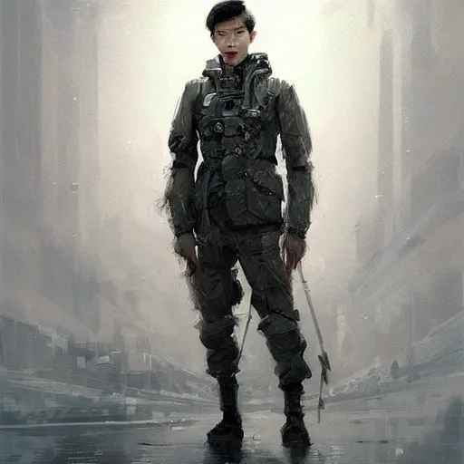 Image similar to Portrait of a man by Greg Rutkowski, he is about 20 years old, korean, short black hair, young, manly, attractive, tall and slim, smart looking, he is wearing futuristic military fatigues, highly detailed portrait, scifi, digital painting, artstation, concept art, smooth, sharp foccus ilustration, Artstation HQ