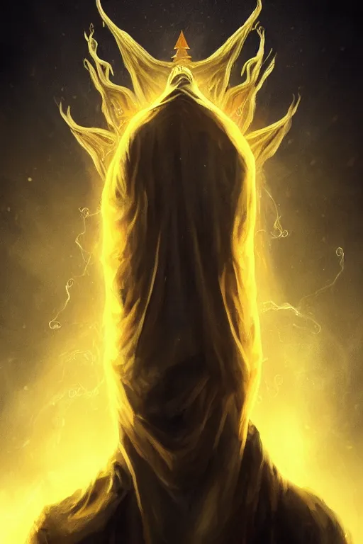 Image similar to A full body portrait of a mysterious character with no face with a very long hooded yellow cloak, a golden crown floating above his head tentacles coming out the ground art by Shaddy Safadi and Jason Chan, ominous, cosmic horror, trending on artstation, Ultra detailed, hyper realistic 4k