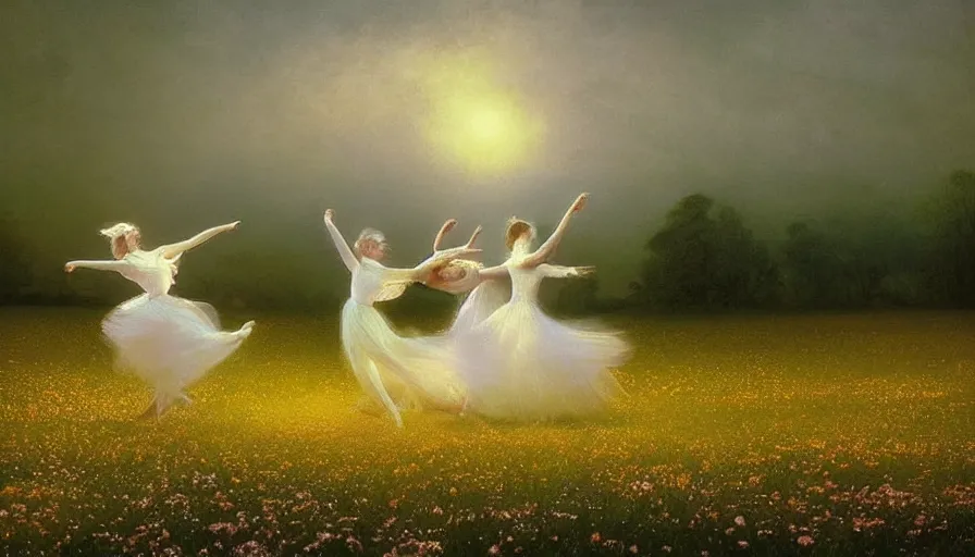 Image similar to dancers in white dancing across a flower meadow the moonlit dance of the fae by wojciech siudmak and ivan aivazovsky, contemporary dancers dancing artistic photography movement photorealistic volumetric cinematic light, award - winning