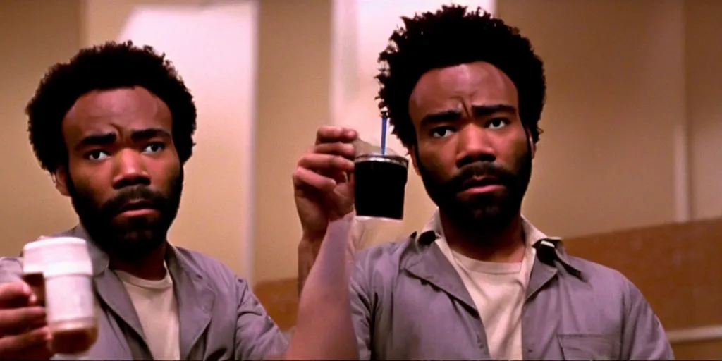 Prompt: Donald Glover, holding a soda in his hands, as Jules Winnfield in 'Pulp Fiction 2: The Enemy Within' (2004), movie still frame