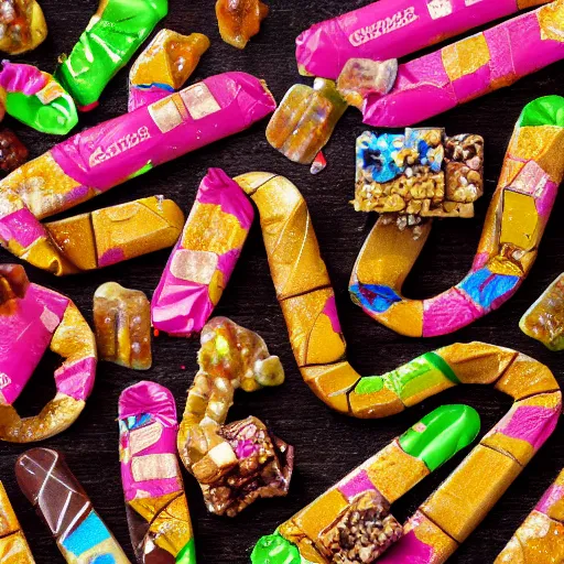 Prompt: discarded wrapper!! of a geckronome candy bar, product photography advertisement 4 k