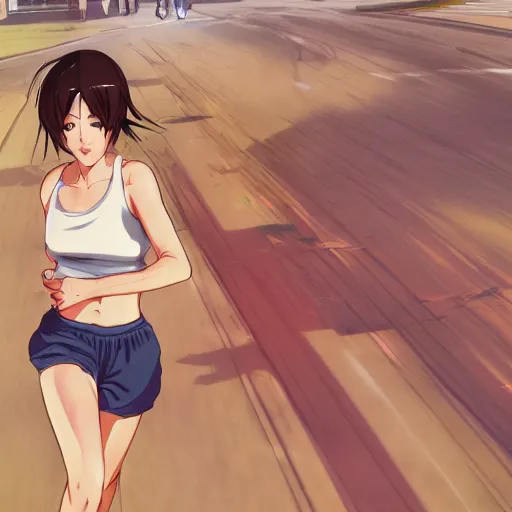 Prompt: anime style, gta 5, girl is running, red sport clothing, marathon race, brown short hair, hair down, symmetrical facial features, from arknights, hyper realistic, rule of thirds, extreme detail, detailed 4 k drawing, safebooru, realistic lighting, by alphonse mucha, greg rutkowski, sharp focus, backlit