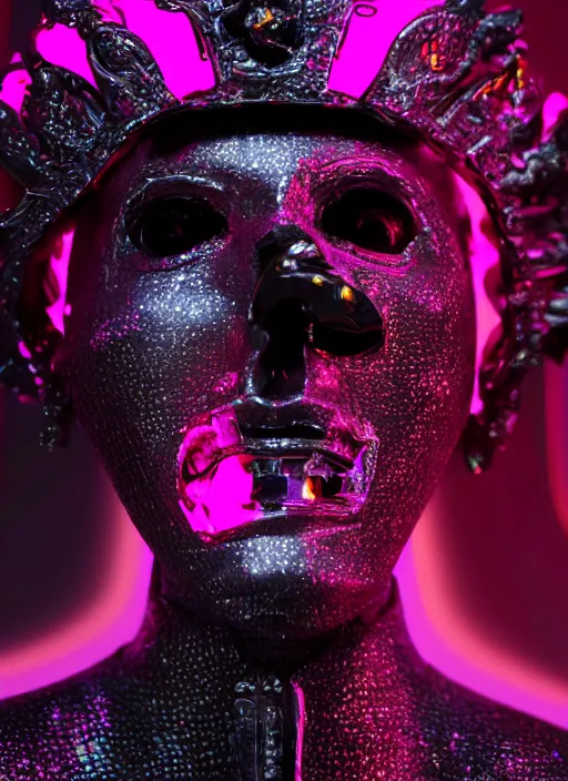 Image similar to photo of baroque and bladerunner delicate neon ruby sculpture of seductive ceramic albino king adrien sahores delicious pink iridescent humanoid deity wearing black fluffy hoody holding diamond skull in a black metallic dungeon, reclining, glowing rainbow face, crown of white diamonds, cinematic lighting, photorealistic, octane render 8 k depth of field 3 d