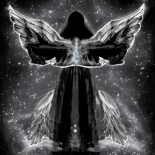 Prompt: shadow figure with cosmic wings, a photograph taken by unseen horrors and the hidden master